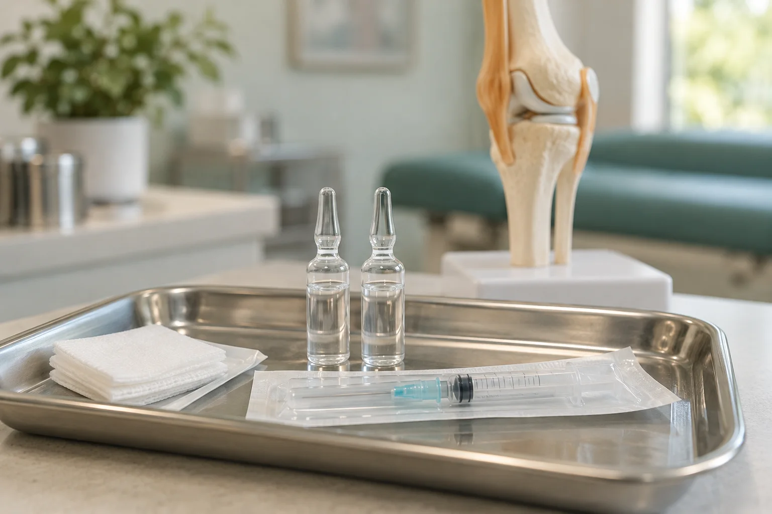 Fiole închise și materiale sterile pregătite pe o tavă medicală.