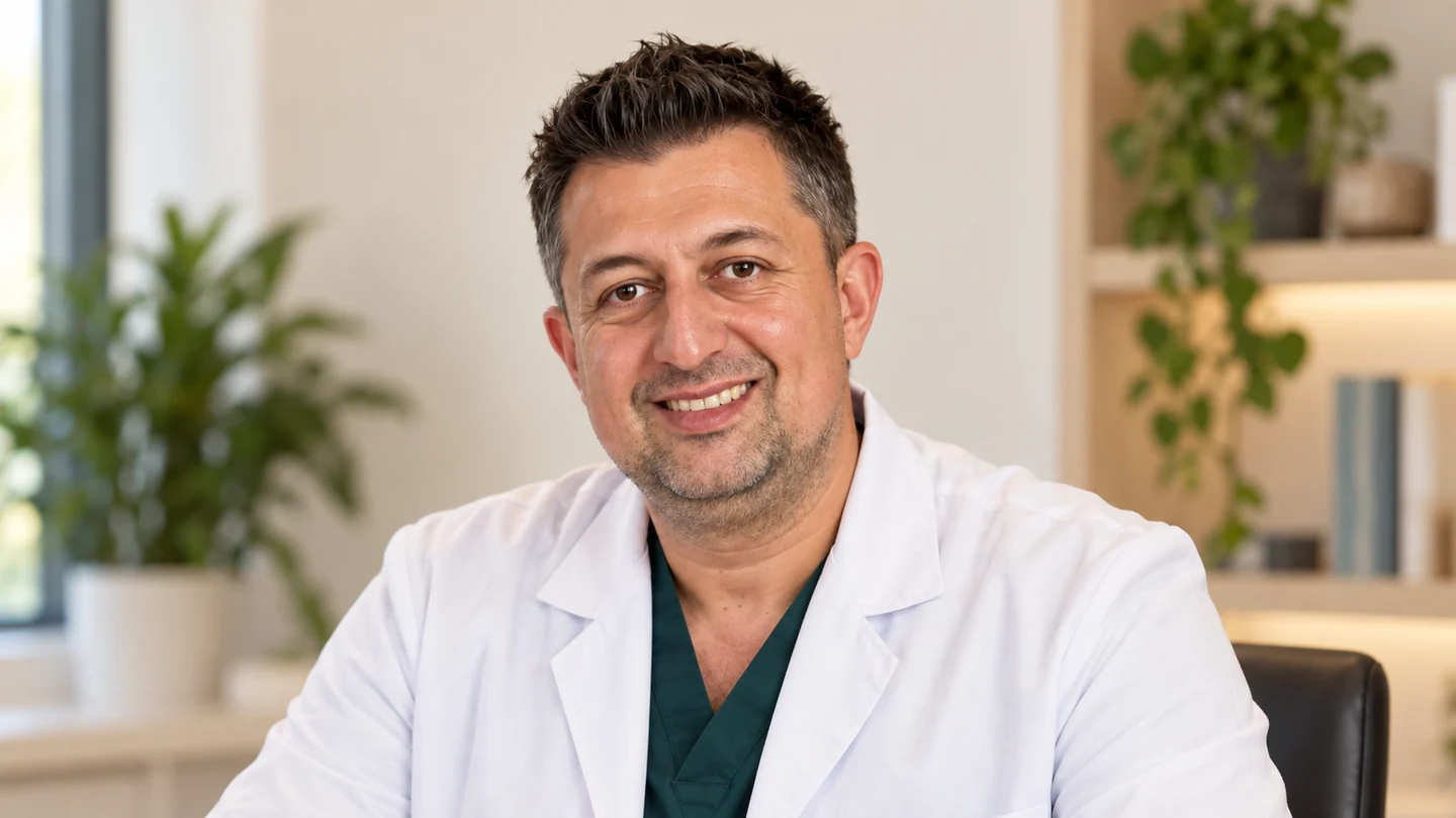 Portret al dr. Gabriel Stan, în halat alb și ținută medicală verde închis, așezat într-un cabinet luminos.