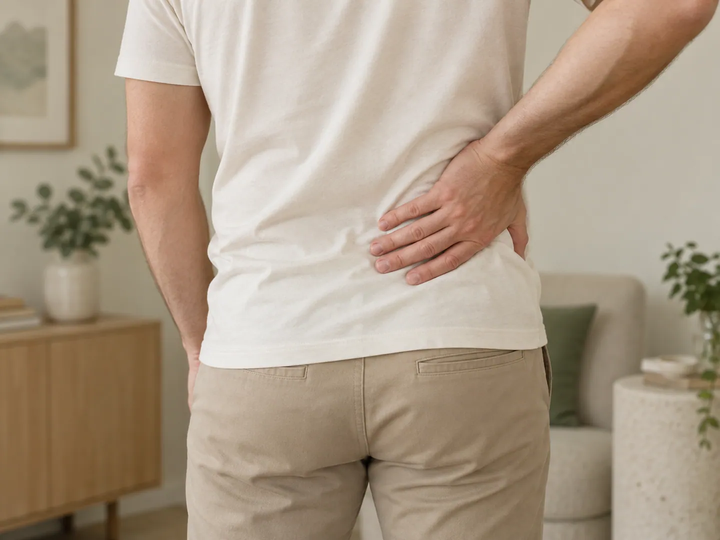 Adult în tricou ivoire, cu o mână sprijinită pe zona lombară.